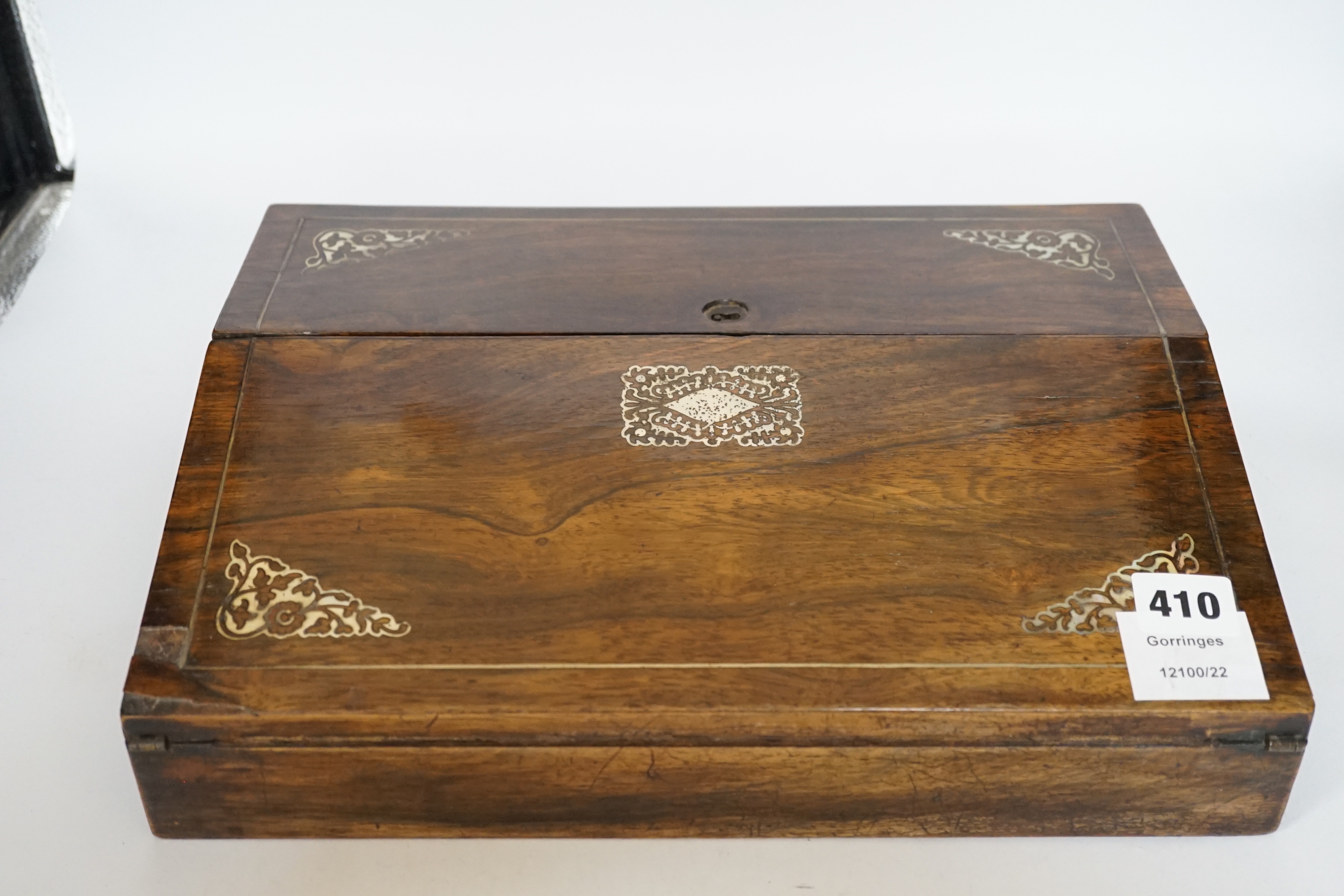 A Victorian mother of pearl inlaid writing slope, 35.5cm wide